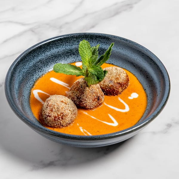 Three Indian kofta balls in a rich orange sauce, garnished with fresh mint, served in a blue bowl.